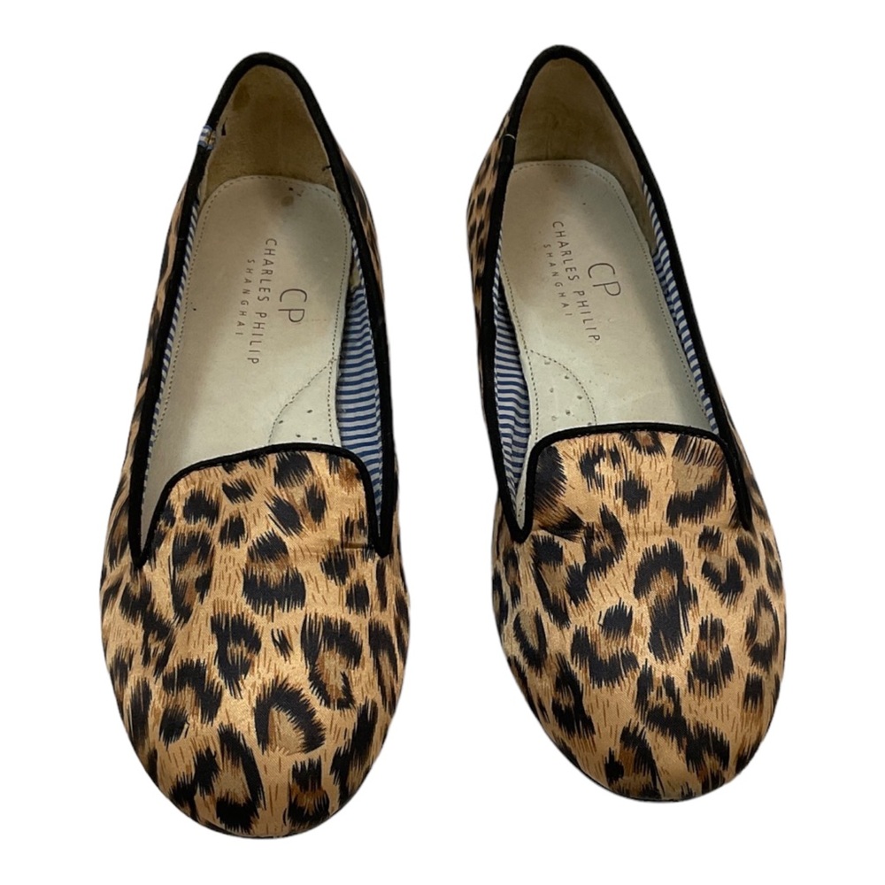 Charles Philip Shanghai Women’s  Leopard Satin Smoking Loafers .Shoes 8.5
